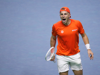 MALAGA, SPAIN - NOVEMBER 22: Tallon Griekspoor of Team Netherlands celebrates a point during his singles match against Jan-Lennard Struff of...