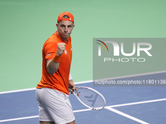 MALAGA, SPAIN - NOVEMBER 22: Tallon Griekspoor of Team Netherlands celebrates a point during his singles match against Jan-Lennard Struff of...