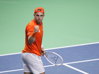 MALAGA, SPAIN - NOVEMBER 22: Tallon Griekspoor of Team Netherlands celebrates a point during his singles match against Jan-Lennard Struff of...