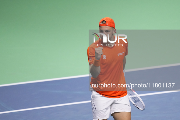 MALAGA, SPAIN - NOVEMBER 22: Tallon Griekspoor of Team Netherlands celebrates a point during his singles match against Jan-Lennard Struff of...