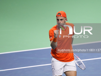 MALAGA, SPAIN - NOVEMBER 22: Tallon Griekspoor of Team Netherlands celebrates a point during his singles match against Jan-Lennard Struff of...