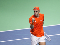 MALAGA, SPAIN - NOVEMBER 22: Tallon Griekspoor of Team Netherlands celebrates a point during his singles match against Jan-Lennard Struff of...