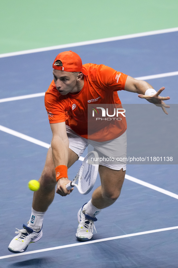 MALAGA, SPAIN - NOVEMBER 22: Tallon Griekspoor of Team Netherlands during his singles match against Jan-Lennard Struff of Team Germany durin...