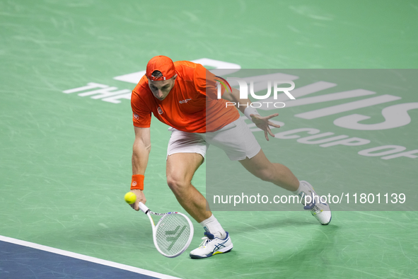 MALAGA, SPAIN - NOVEMBER 22: Tallon Griekspoor of Team Netherlands during his singles match against Jan-Lennard Struff of Team Germany durin...