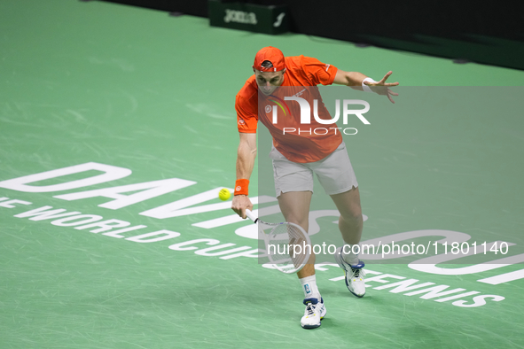 MALAGA, SPAIN - NOVEMBER 22: Tallon Griekspoor of Team Netherlands during his singles match against Jan-Lennard Struff of Team Germany durin...