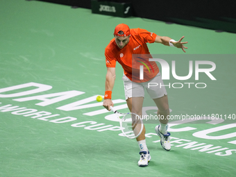 MALAGA, SPAIN - NOVEMBER 22: Tallon Griekspoor of Team Netherlands during his singles match against Jan-Lennard Struff of Team Germany durin...