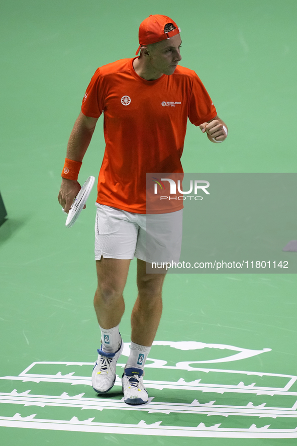 MALAGA, SPAIN - NOVEMBER 22: Tallon Griekspoor of Team Netherlands celebrates a point during his singles match against Jan-Lennard Struff of...