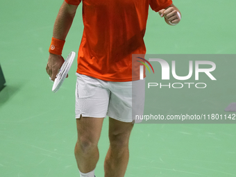 MALAGA, SPAIN - NOVEMBER 22: Tallon Griekspoor of Team Netherlands celebrates a point during his singles match against Jan-Lennard Struff of...