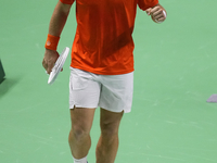 MALAGA, SPAIN - NOVEMBER 22: Tallon Griekspoor of Team Netherlands celebrates a point during his singles match against Jan-Lennard Struff of...