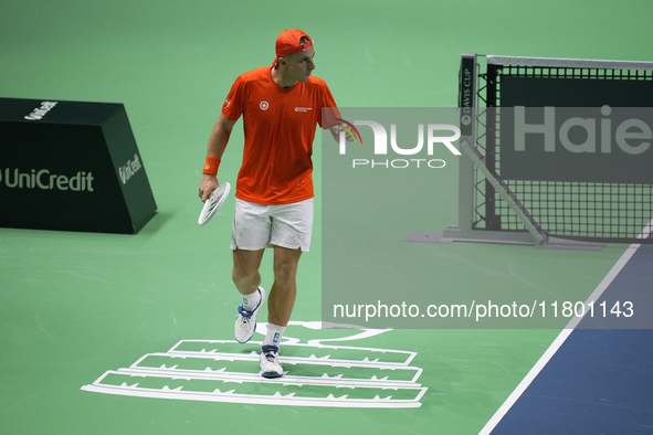 MALAGA, SPAIN - NOVEMBER 22: Tallon Griekspoor of Team Netherlands celebrates a point during his singles match against Jan-Lennard Struff of...