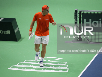 MALAGA, SPAIN - NOVEMBER 22: Tallon Griekspoor of Team Netherlands celebrates a point during his singles match against Jan-Lennard Struff of...