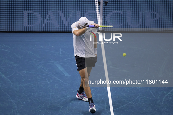 MALAGA, SPAIN - NOVEMBER 22: Jan-Lennard Struff of Team Germany during his singles match against Tallon Griekspoor of Team Netherlands durin...