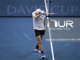 MALAGA, SPAIN - NOVEMBER 22: Jan-Lennard Struff of Team Germany during his singles match against Tallon Griekspoor of Team Netherlands durin...