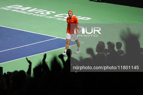 MALAGA, SPAIN - NOVEMBER 22: Tallon Griekspoor of Team Netherlands celebrates a point during his singles match against Jan-Lennard Struff of...