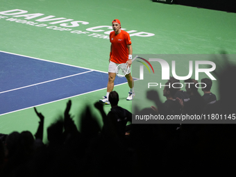 MALAGA, SPAIN - NOVEMBER 22: Tallon Griekspoor of Team Netherlands celebrates a point during his singles match against Jan-Lennard Struff of...