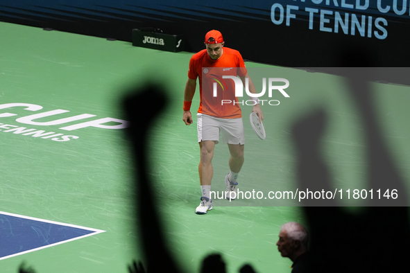 MALAGA, SPAIN - NOVEMBER 22: Tallon Griekspoor of Team Netherlands celebrates a point during his singles match against Jan-Lennard Struff of...