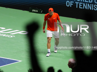 MALAGA, SPAIN - NOVEMBER 22: Tallon Griekspoor of Team Netherlands celebrates a point during his singles match against Jan-Lennard Struff of...