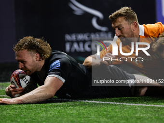 Tom Gordon of Newcastle Falcons scores the Falcons' second try during the Premiership Cup Group A match between Newcastle Falcons and Sale F...