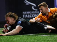 Tom Gordon of Newcastle Falcons scores the Falcons' second try during the Premiership Cup Group A match between Newcastle Falcons and Sale F...