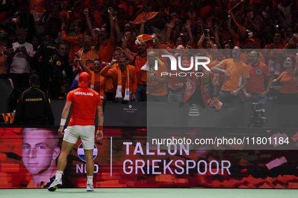 MALAGA, SPAIN - NOVEMBER 22: Tallon Griekspoor of Team Netherlands celebrates the victory with his supportes after winning his singles match...