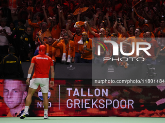 MALAGA, SPAIN - NOVEMBER 22: Tallon Griekspoor of Team Netherlands celebrates the victory with his supportes after winning his singles match...