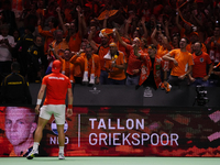 MALAGA, SPAIN - NOVEMBER 22: Tallon Griekspoor of Team Netherlands celebrates the victory with his supportes after winning his singles match...