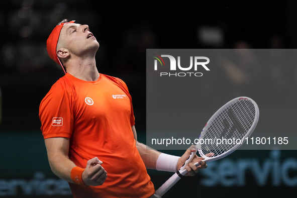 MALAGA, SPAIN - NOVEMBER 22: Tallon Griekspoor of Team Netherlands celebrates the victory after winning his singles match against Jan-Lennar...