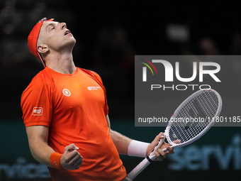 MALAGA, SPAIN - NOVEMBER 22: Tallon Griekspoor of Team Netherlands celebrates the victory after winning his singles match against Jan-Lennar...