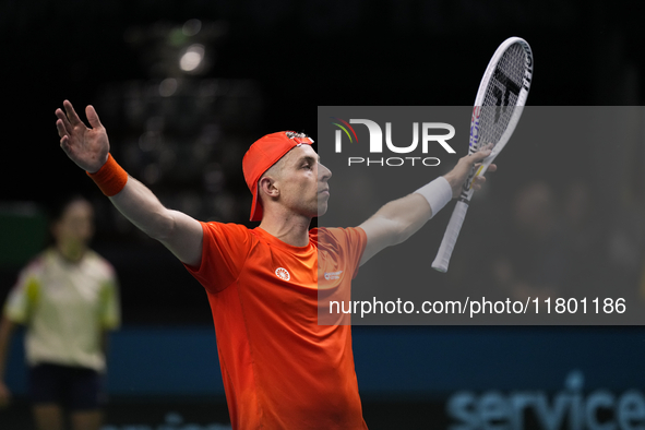 MALAGA, SPAIN - NOVEMBER 22: Tallon Griekspoor of Team Netherlands celebrates the victory after winning his singles match against Jan-Lennar...