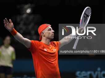 MALAGA, SPAIN - NOVEMBER 22: Tallon Griekspoor of Team Netherlands celebrates the victory after winning his singles match against Jan-Lennar...