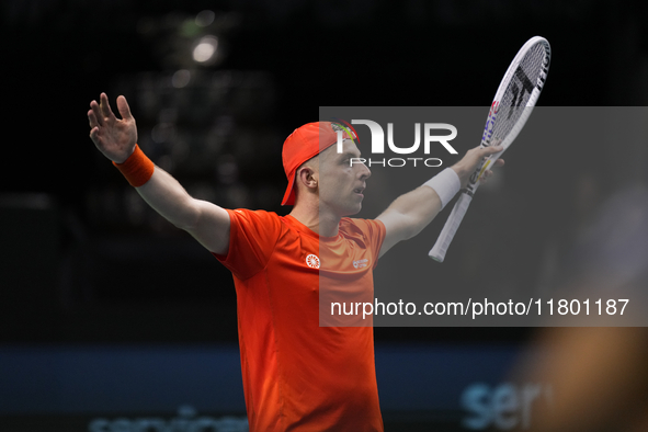 MALAGA, SPAIN - NOVEMBER 22: Tallon Griekspoor of Team Netherlands celebrates the victory after winning his singles match against Jan-Lennar...