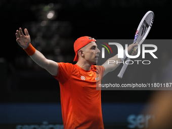 MALAGA, SPAIN - NOVEMBER 22: Tallon Griekspoor of Team Netherlands celebrates the victory after winning his singles match against Jan-Lennar...