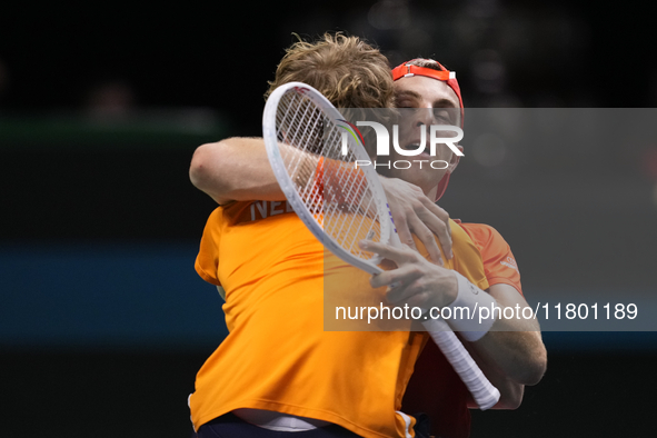 MALAGA, SPAIN - NOVEMBER 22: Tallon Griekspoor of Team Netherlands celebrates the victory after winning his singles match against Jan-Lennar...