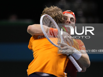 MALAGA, SPAIN - NOVEMBER 22: Tallon Griekspoor of Team Netherlands celebrates the victory after winning his singles match against Jan-Lennar...