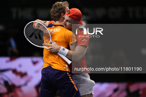 MALAGA, SPAIN - NOVEMBER 22: Tallon Griekspoor of Team Netherlands celebrates the victory after winning his singles match against Jan-Lennar...