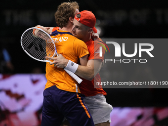 MALAGA, SPAIN - NOVEMBER 22: Tallon Griekspoor of Team Netherlands celebrates the victory after winning his singles match against Jan-Lennar...