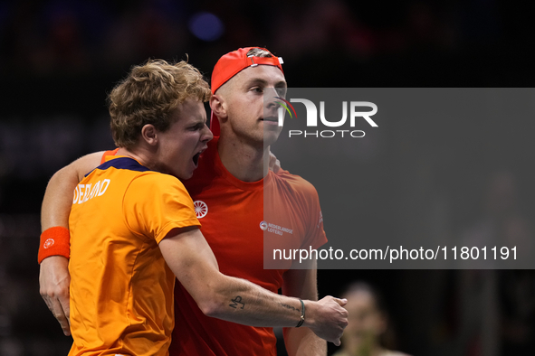 MALAGA, SPAIN - NOVEMBER 22: Tallon Griekspoor of Team Netherlands celebrates the victory after winning his singles match against Jan-Lennar...