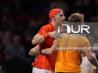 MALAGA, SPAIN - NOVEMBER 22: Tallon Griekspoor of Team Netherlands celebrates the victory after winning his singles match against Jan-Lennar...