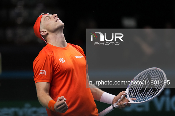 MALAGA, SPAIN - NOVEMBER 22: Tallon Griekspoor of Team Netherlands celebrates the victory after winning his singles match against Jan-Lennar...