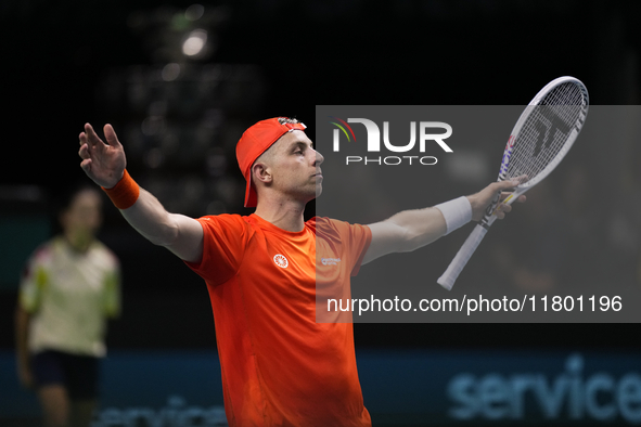 MALAGA, SPAIN - NOVEMBER 22: Tallon Griekspoor of Team Netherlands celebrates the victory after winning his singles match against Jan-Lennar...