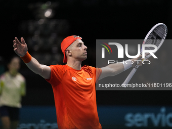 MALAGA, SPAIN - NOVEMBER 22: Tallon Griekspoor of Team Netherlands celebrates the victory after winning his singles match against Jan-Lennar...