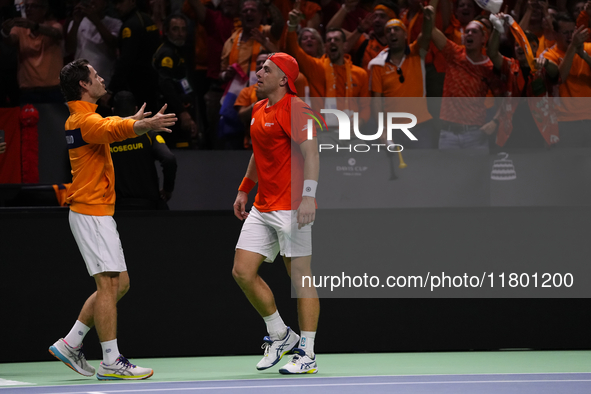 MALAGA, SPAIN - NOVEMBER 22: Tallon Griekspoor of Team Netherlands celebrates the victory with his teammates Wesley Koolhof after winning hi...