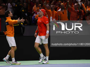 MALAGA, SPAIN - NOVEMBER 22: Tallon Griekspoor of Team Netherlands celebrates the victory with his teammates Wesley Koolhof after winning hi...