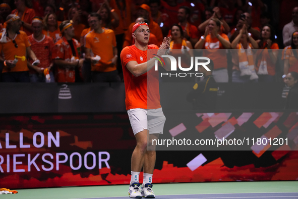 MALAGA, SPAIN - NOVEMBER 22: Tallon Griekspoor of Team Netherlands celebrates the victory after winning his singles match against Jan-Lennar...