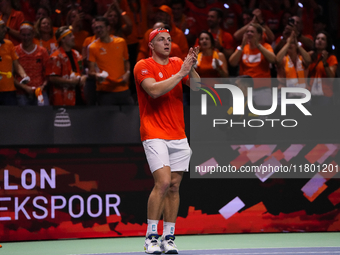 MALAGA, SPAIN - NOVEMBER 22: Tallon Griekspoor of Team Netherlands celebrates the victory after winning his singles match against Jan-Lennar...