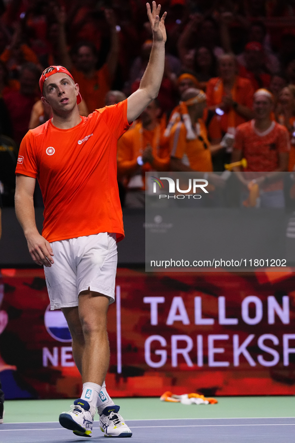 MALAGA, SPAIN - NOVEMBER 22: Tallon Griekspoor of Team Netherlands celebrates the victory after winning his singles match against Jan-Lennar...