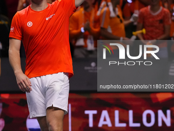 MALAGA, SPAIN - NOVEMBER 22: Tallon Griekspoor of Team Netherlands celebrates the victory after winning his singles match against Jan-Lennar...