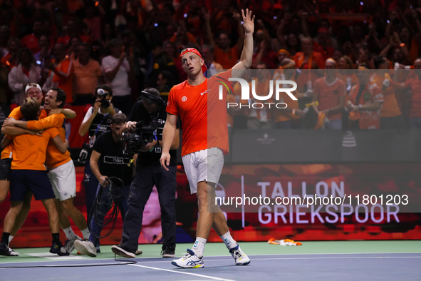 MALAGA, SPAIN - NOVEMBER 22: Tallon Griekspoor of Team Netherlands celebrates the victory after winning his singles match against Jan-Lennar...