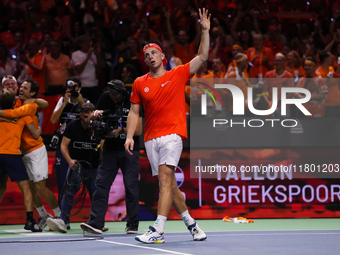 MALAGA, SPAIN - NOVEMBER 22: Tallon Griekspoor of Team Netherlands celebrates the victory after winning his singles match against Jan-Lennar...