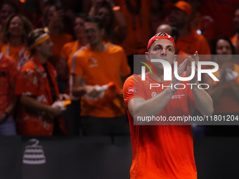 MALAGA, SPAIN - NOVEMBER 22: Tallon Griekspoor of Team Netherlands celebrates the victory after winning his singles match against Jan-Lennar...